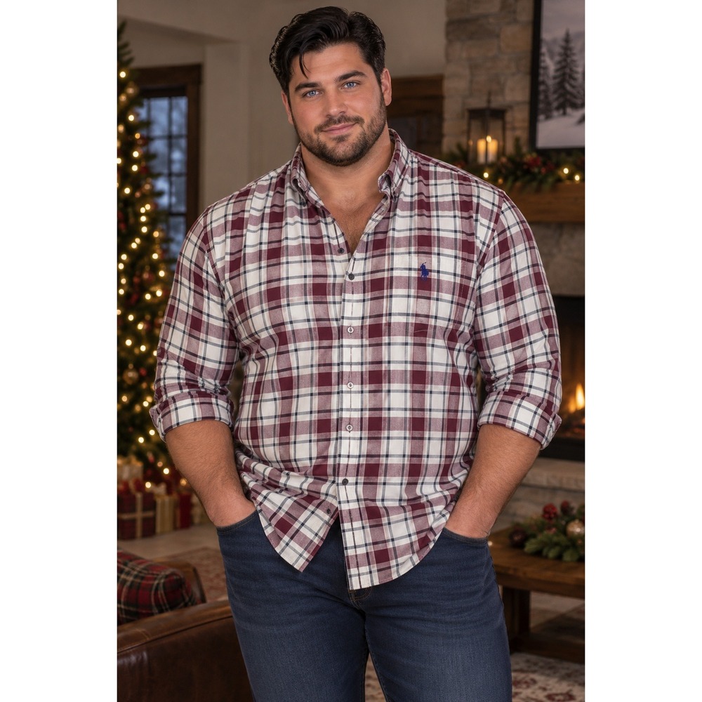 US Polo Assn Mens 3XL Plaid Button Down Shirt Burgundy White Long Sleeve XL Tall